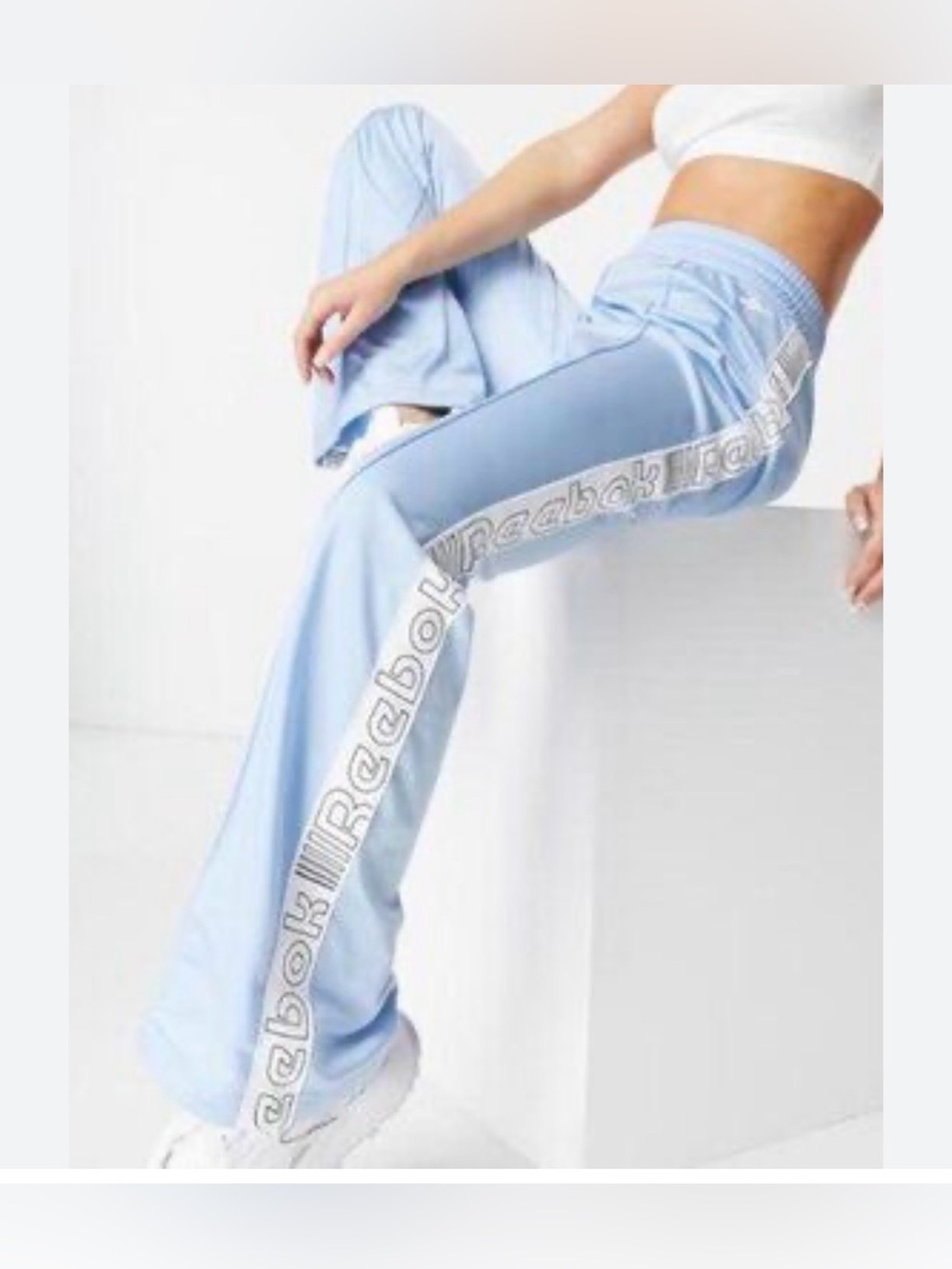 Reebok Light Blue Flare Track Pants with Cream Side Logo Stripe